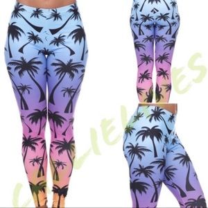 New! Miami Palm Tree 3D Digital Graphic Leggings Purple Blue Pink Ombrรฉ